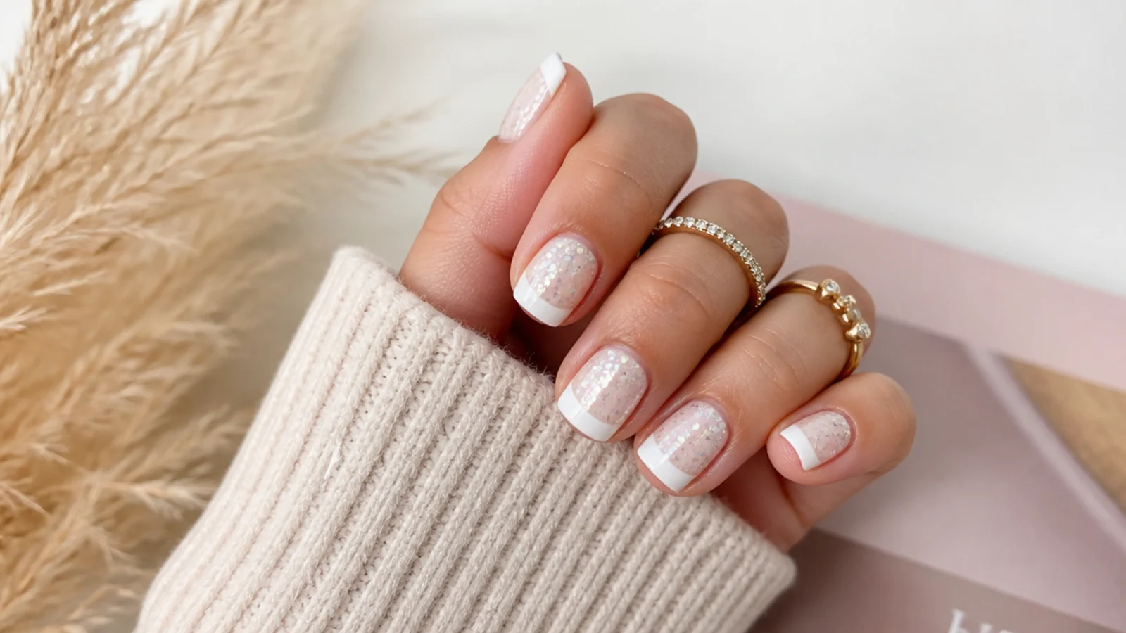 Short nails compared showing chalky opaque white, chunky glitter and a thick white French tip