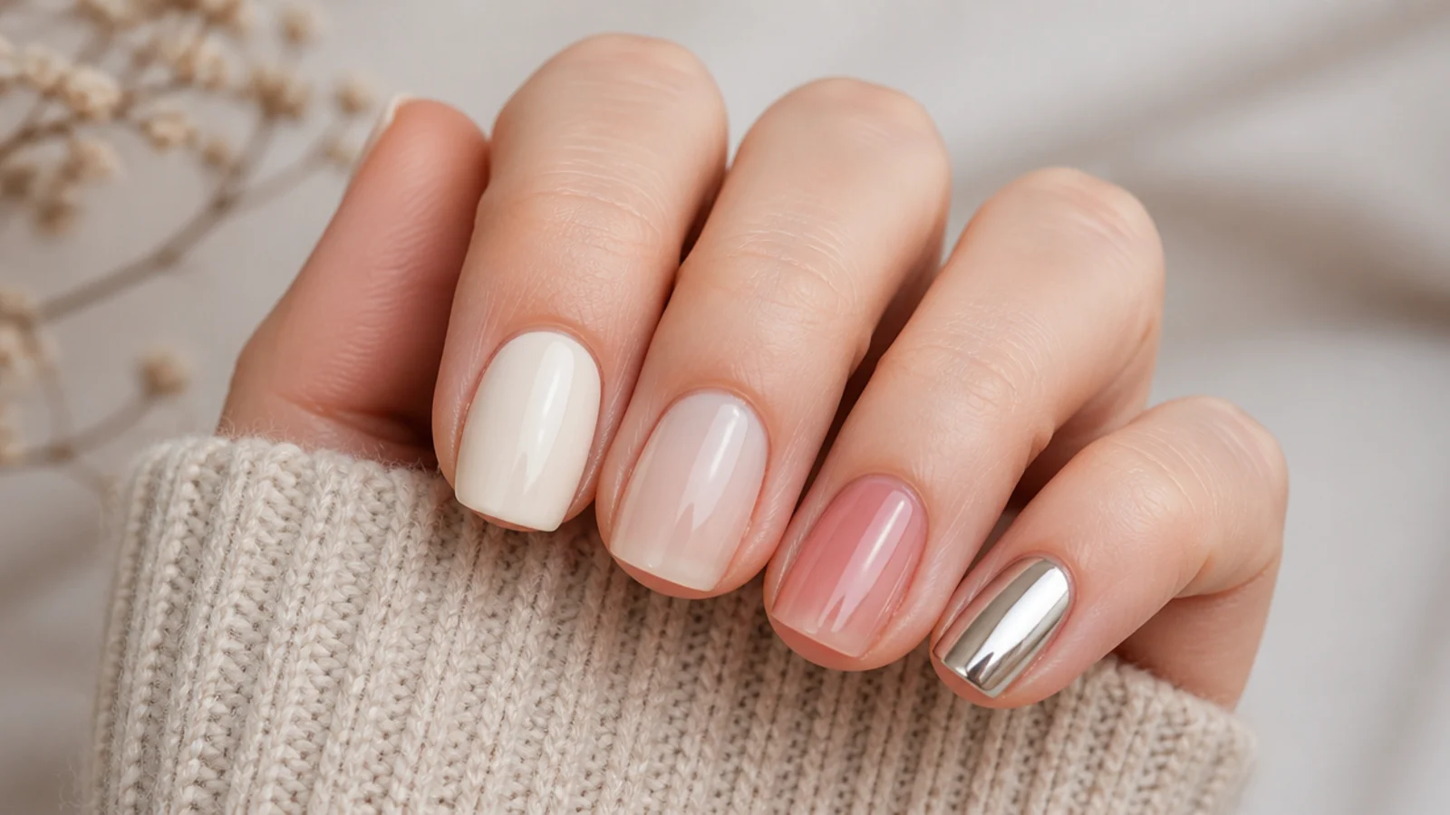 Four short nails showing cream, sheer milky, jelly translucent and chrome mirror finishes side by side