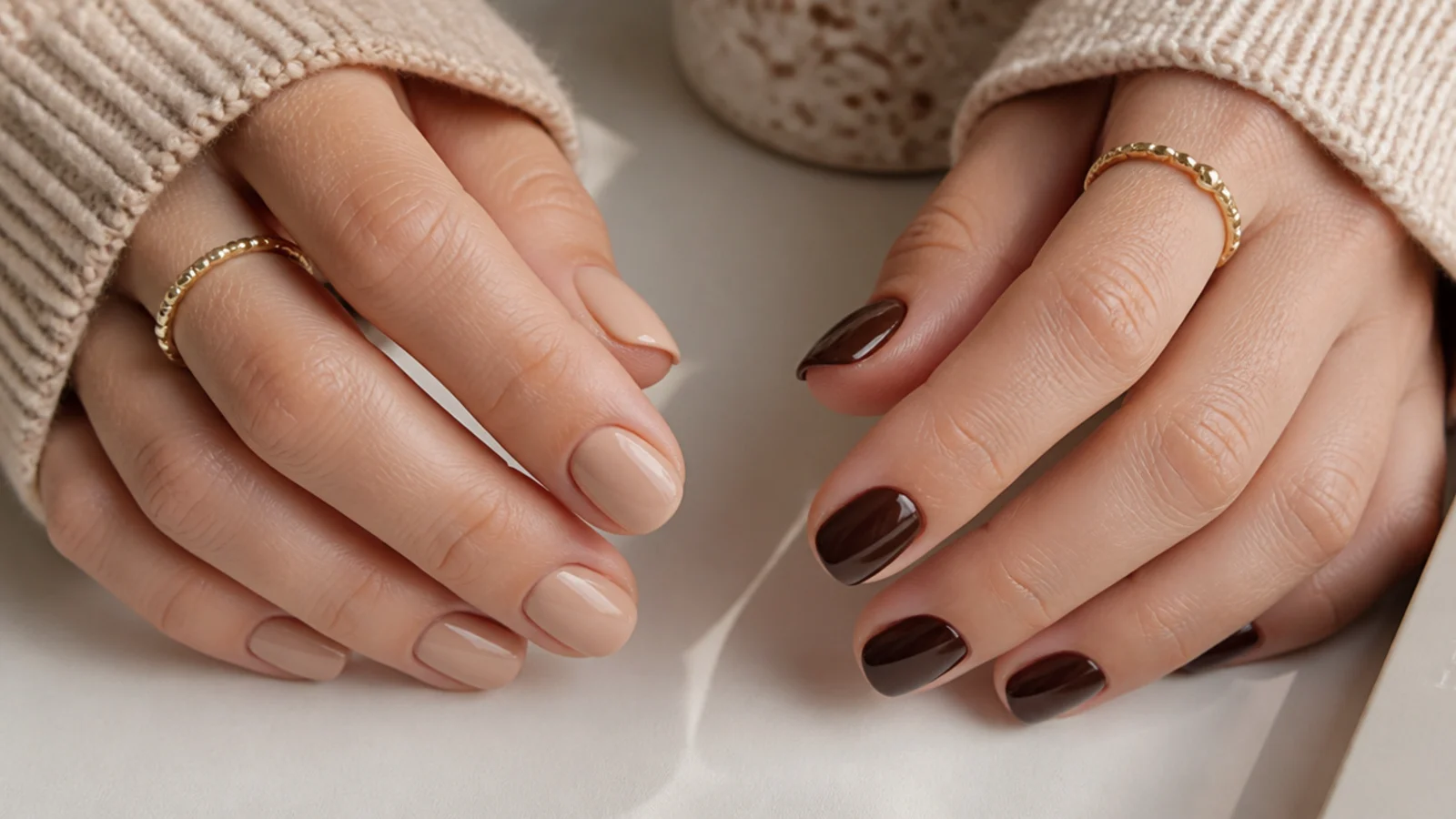 Two short nail hands compared side by side, one in matched nude and one in glossy espresso brown