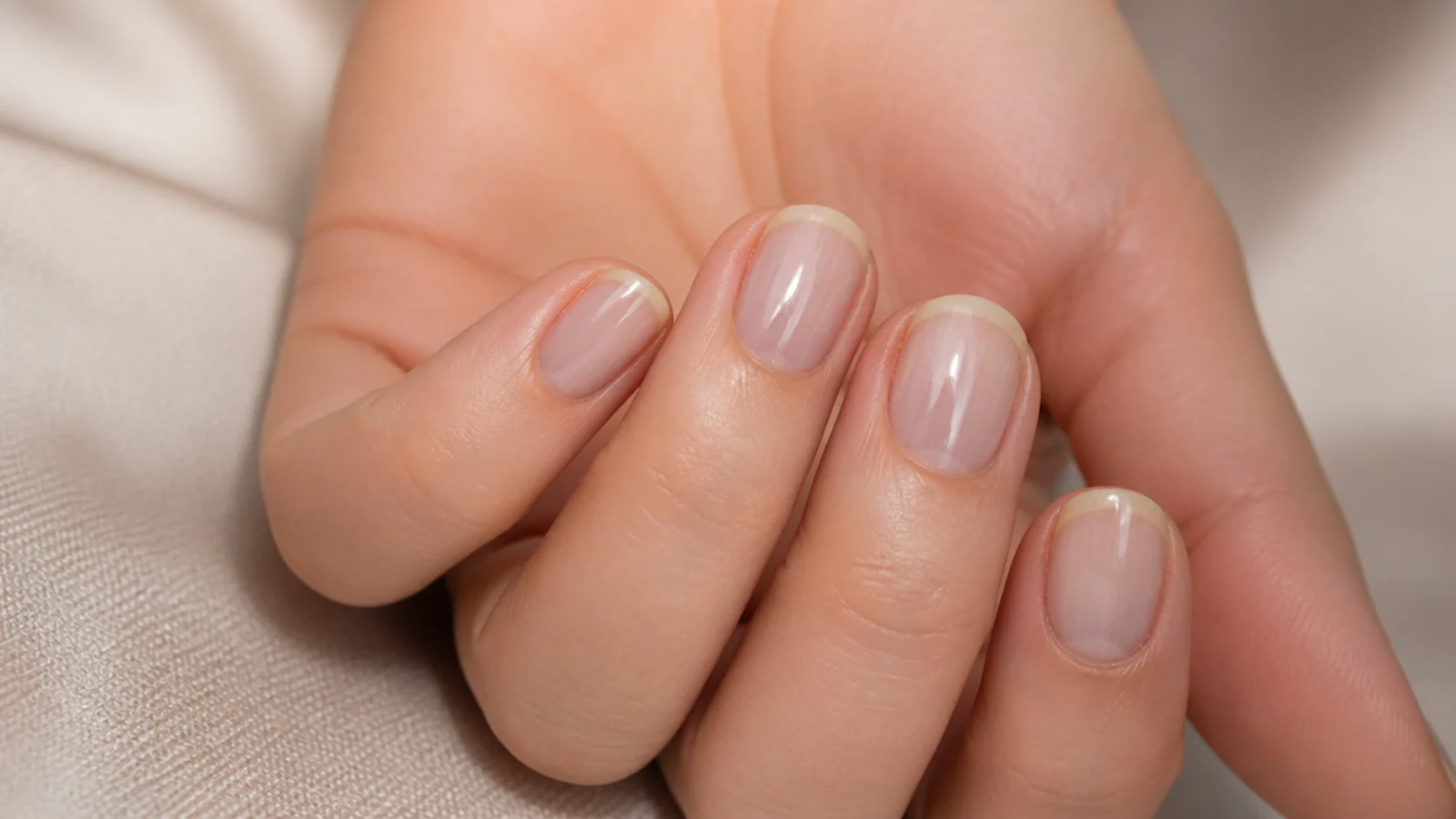 Close-up of short nails showing a gray-looking nude, a streaky sheer coat and a stained yellow free edge