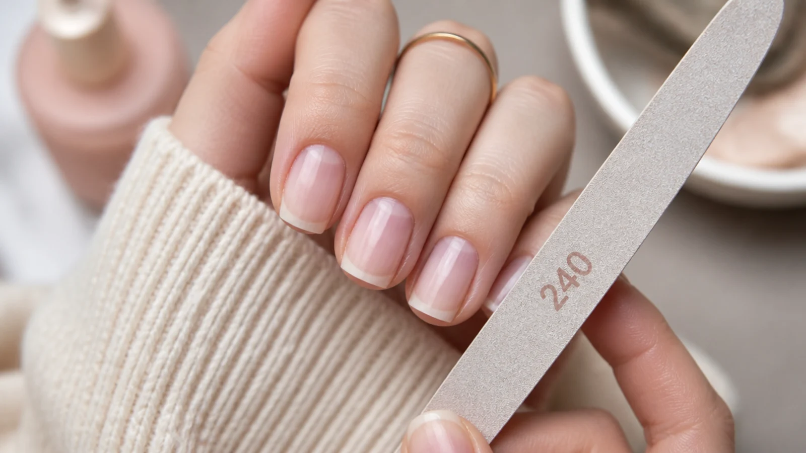 Short squoval nails mid-prep with cuticle pushed back, ridge-filling base coat and a 240 grit file
