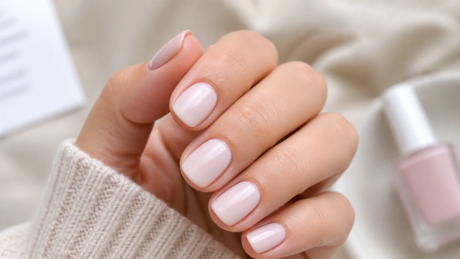 Short nails painted in a soft translucent almond milk white with a cloudy semi-opaque finish