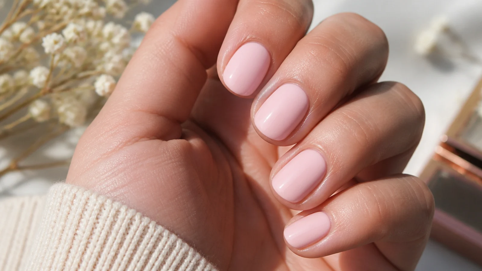 Short round nails in an opaque pale ballet pink with a high gloss top coat