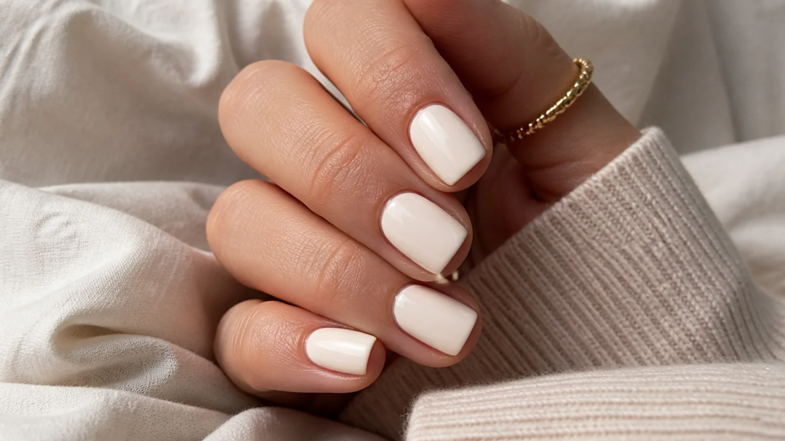 Short square nails in a warm ivory cream polish with a smooth opaque finish