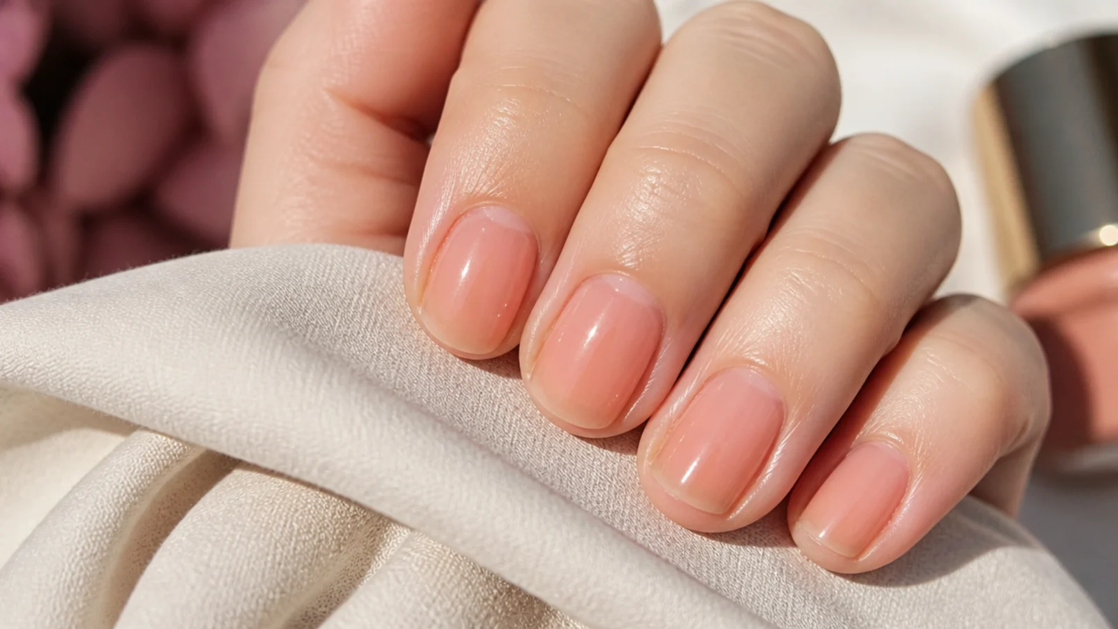 Short nails with a translucent peach jelly finish showing the natural nail through the color