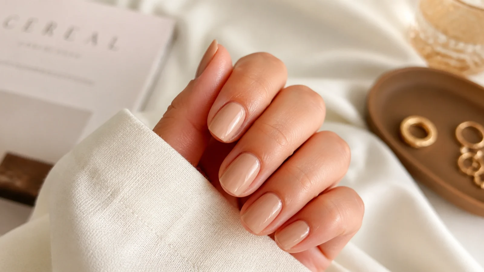 Short squoval nails in an opaque warm beige nude with a satin gloss finish