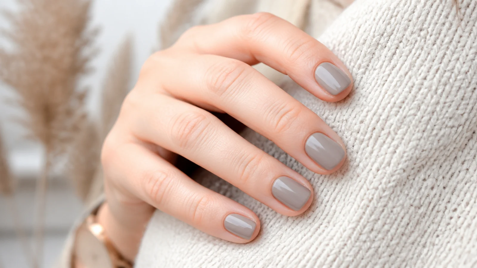 Short nails in a gray-beige greige taupe polish with a creamy opaque finish