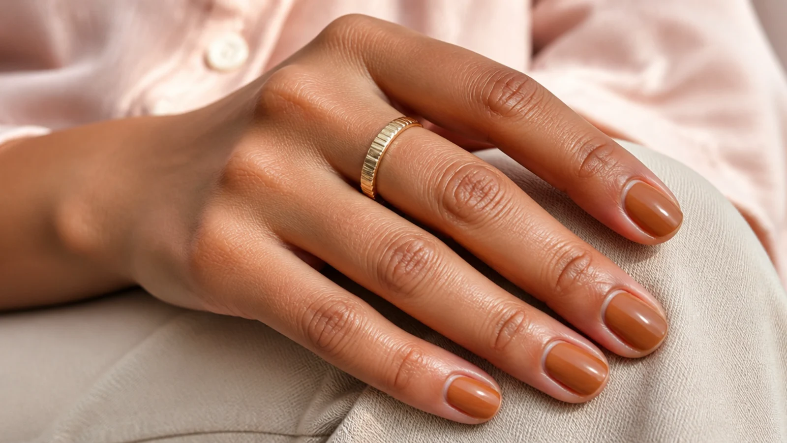 Short nails in a golden caramel nude polish on medium olive skin with a glossy finish