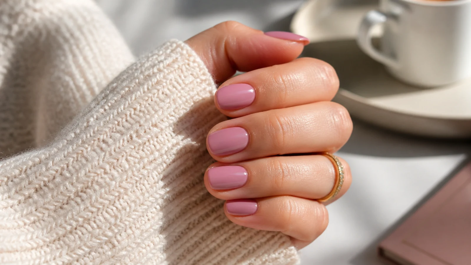 Short round nails in an opaque rosy pink nude polish with a soft creamy sheen