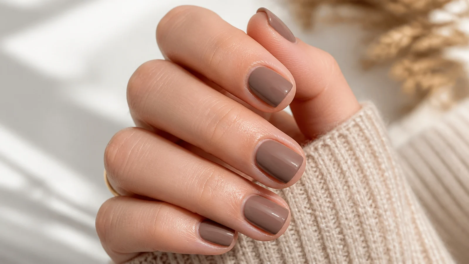 Short square nails in a mid-tone mocha brown nude polish with a creamy opaque finish