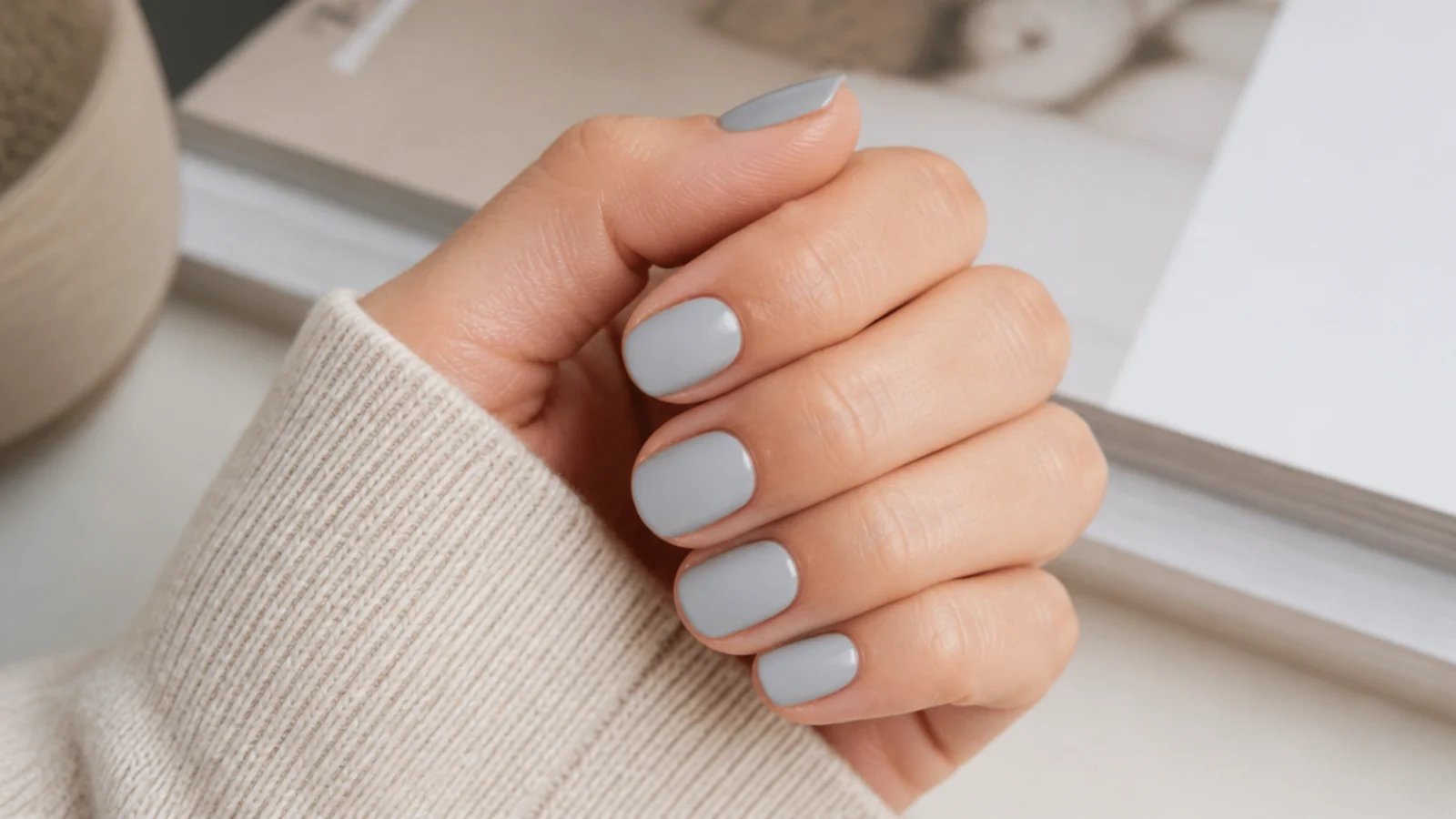 Short nails in a soft dove gray polish with a smooth matte-adjacent creamy finish