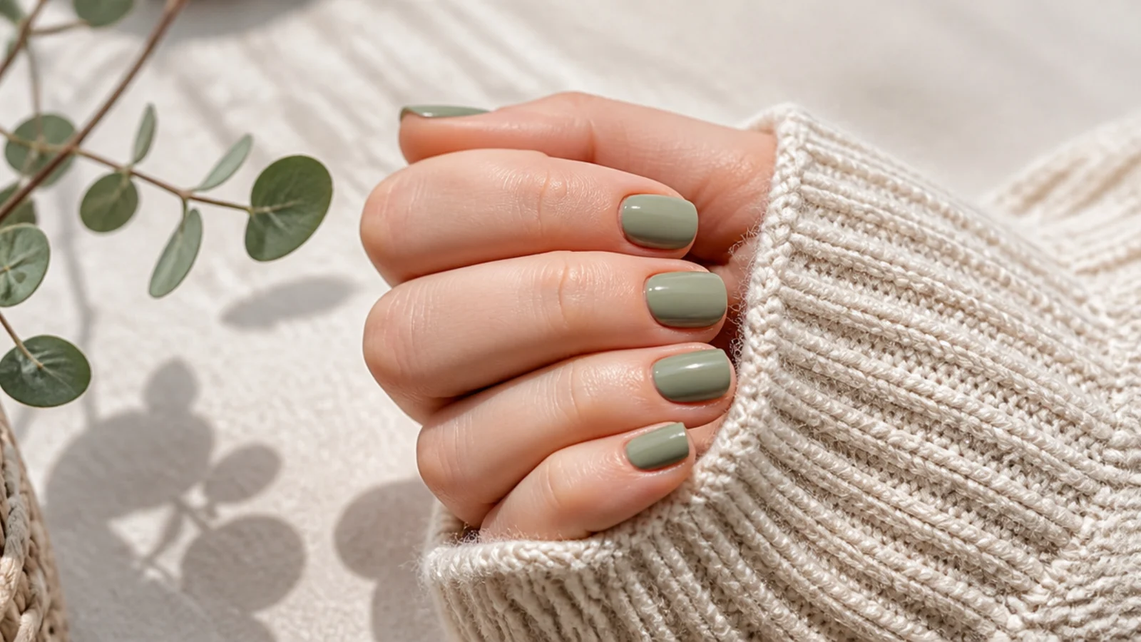 Short squoval nails in muted sage green polish with a soft creamy opaque finish