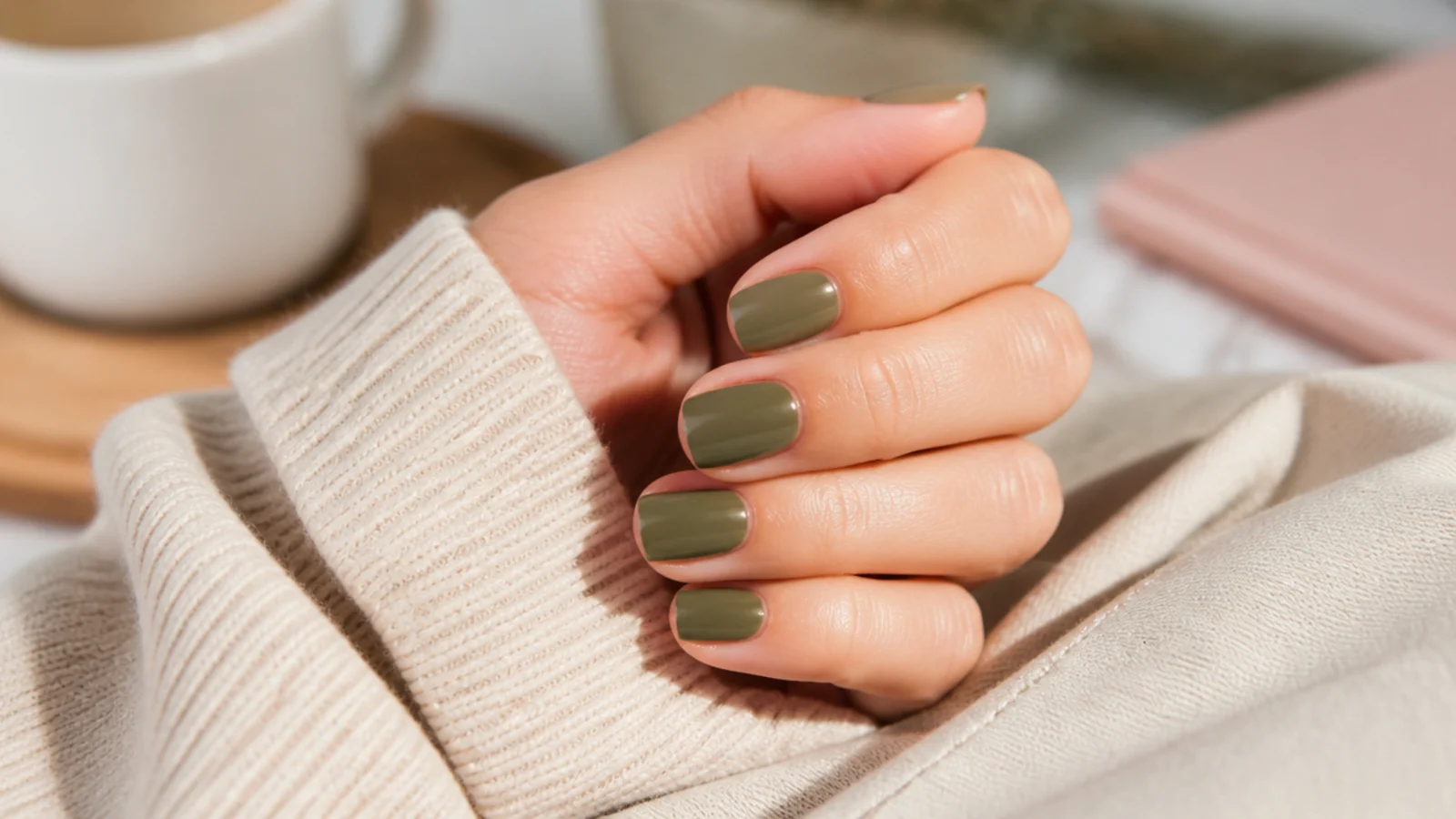 Short nails in a dusty khaki olive polish with an opaque flat cream finish