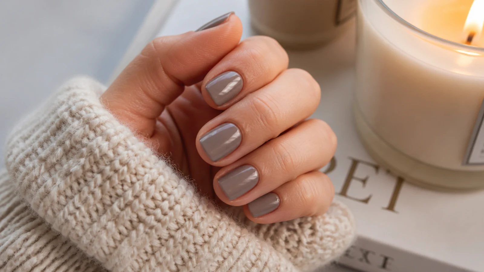 Short square nails in a gray-brown mushroom polish with a soft opaque creamy finish