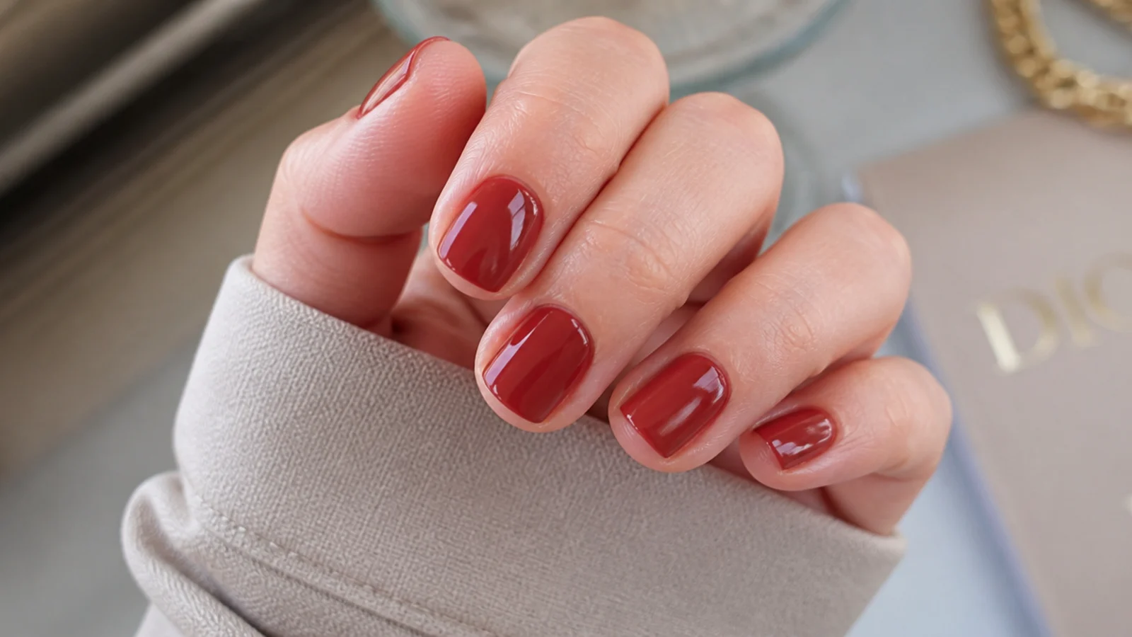 Short squoval nails in a dusty muted brick red polish with a deep glossy finish