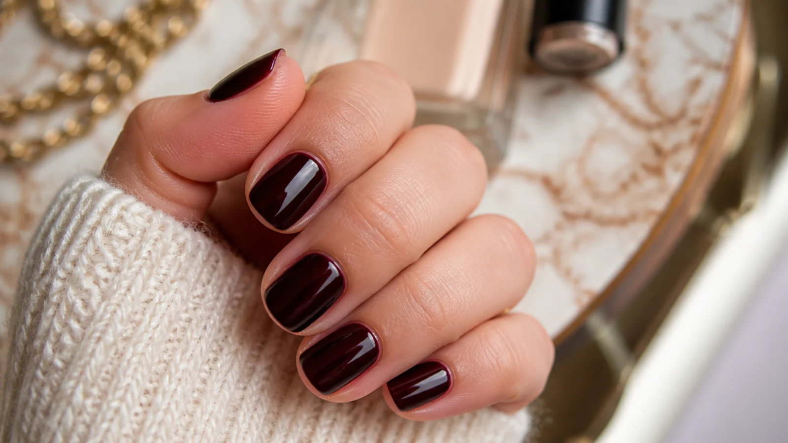 Short nails in a deep oxblood wine red polish with a high gloss almost-black depth