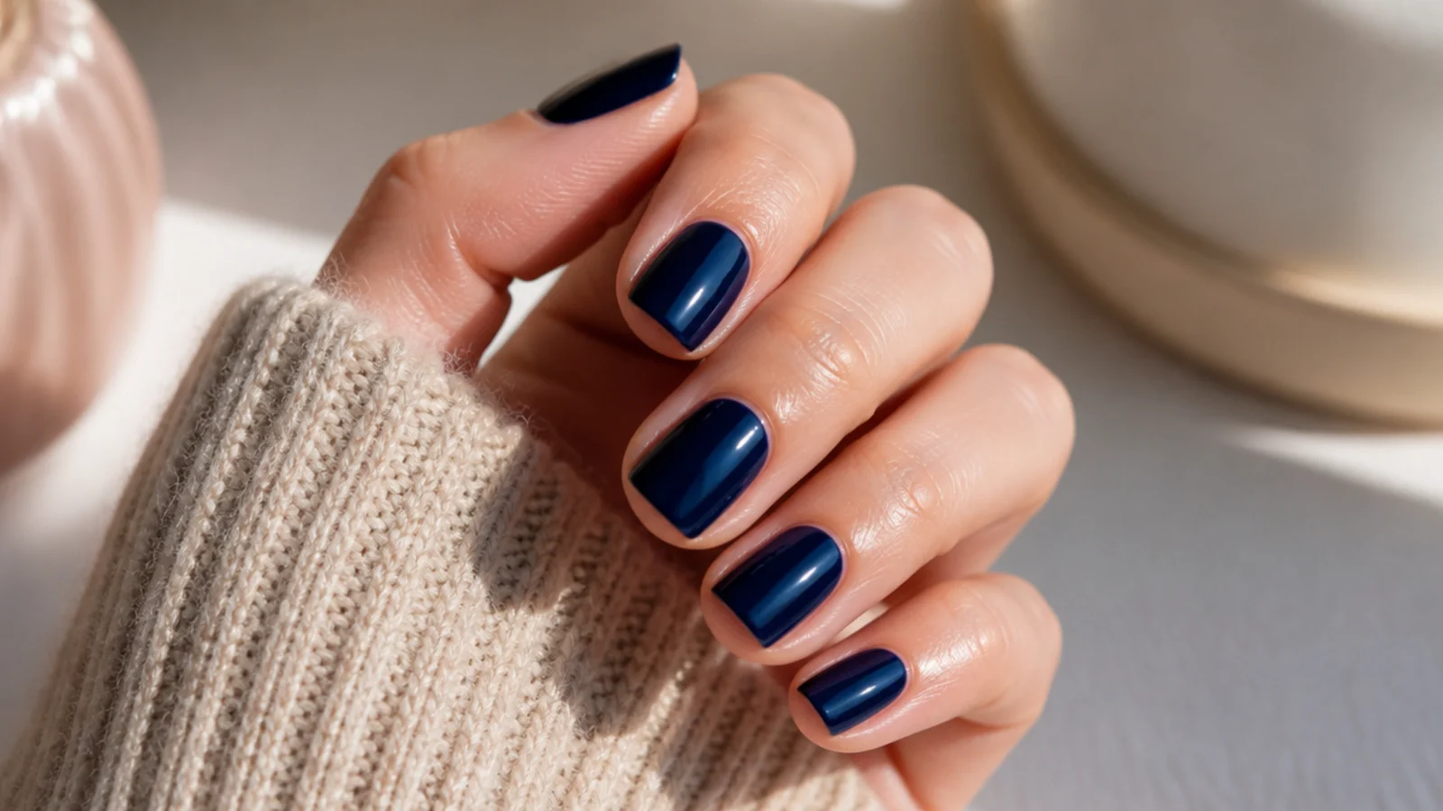 Short square nails in a deep glossy navy blue polish with a clean tidy cuticle line
