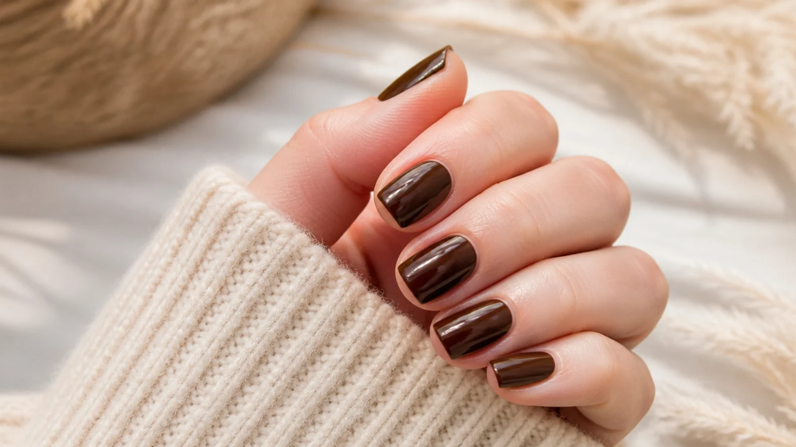 Short squoval nails in a deep espresso brown polish with a rich glossy finish