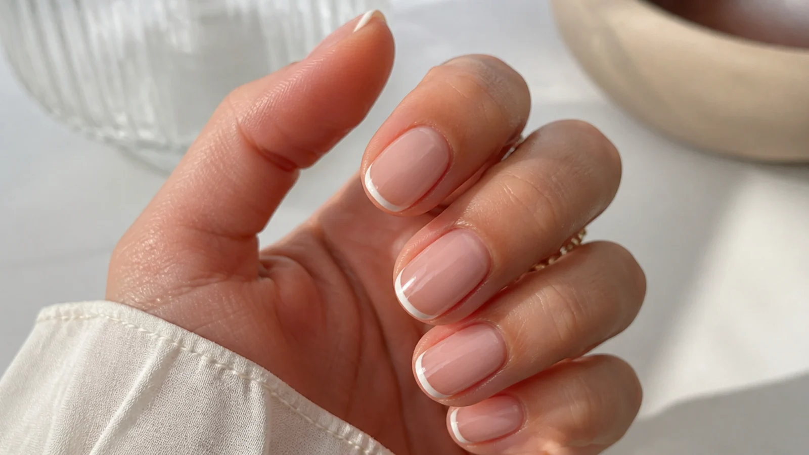 Short nails with a hairline white micro French tip painted over a sheer nude base