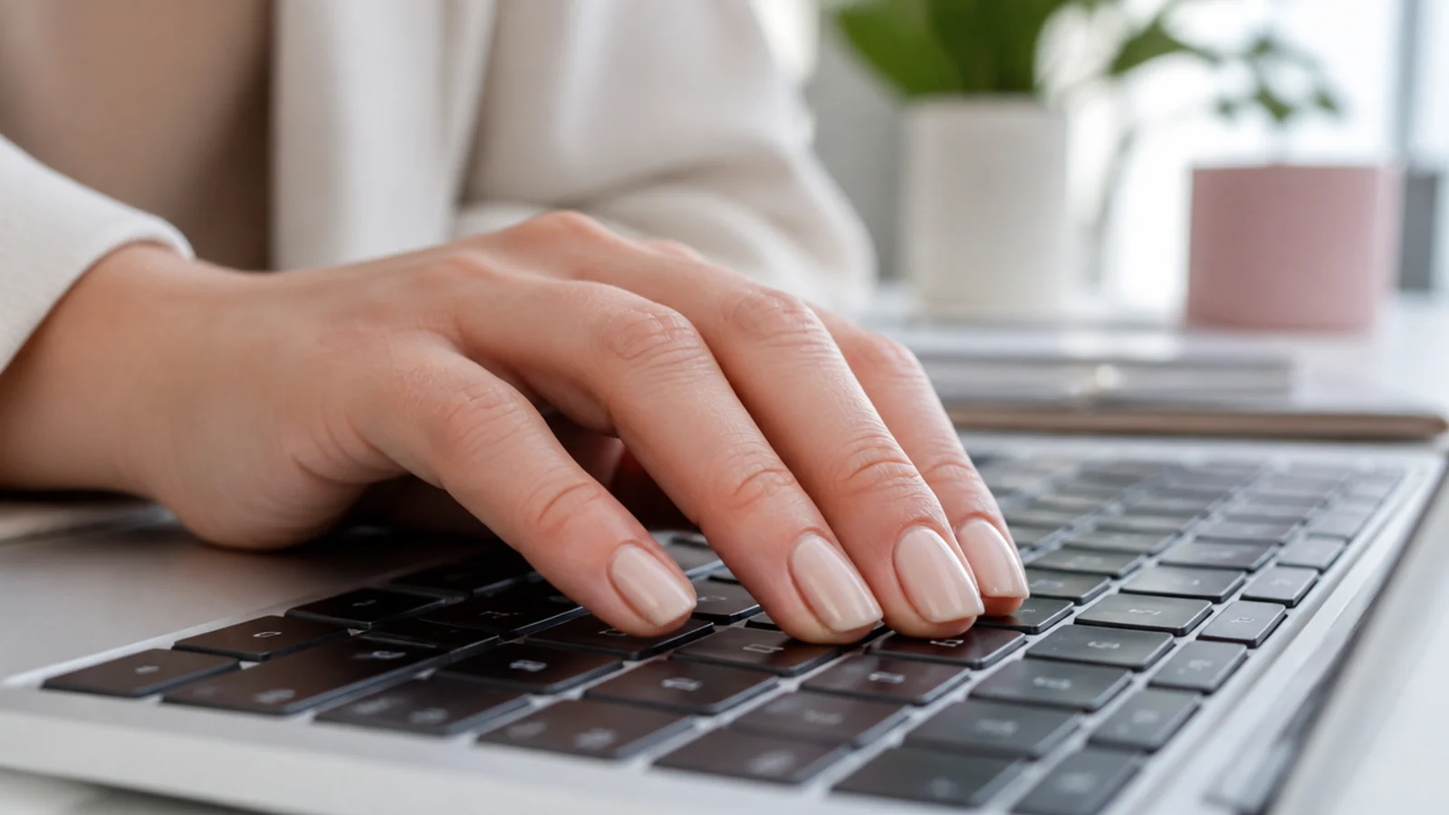 Short squoval nails in sheer milky beige resting on a laptop keyboard in an office