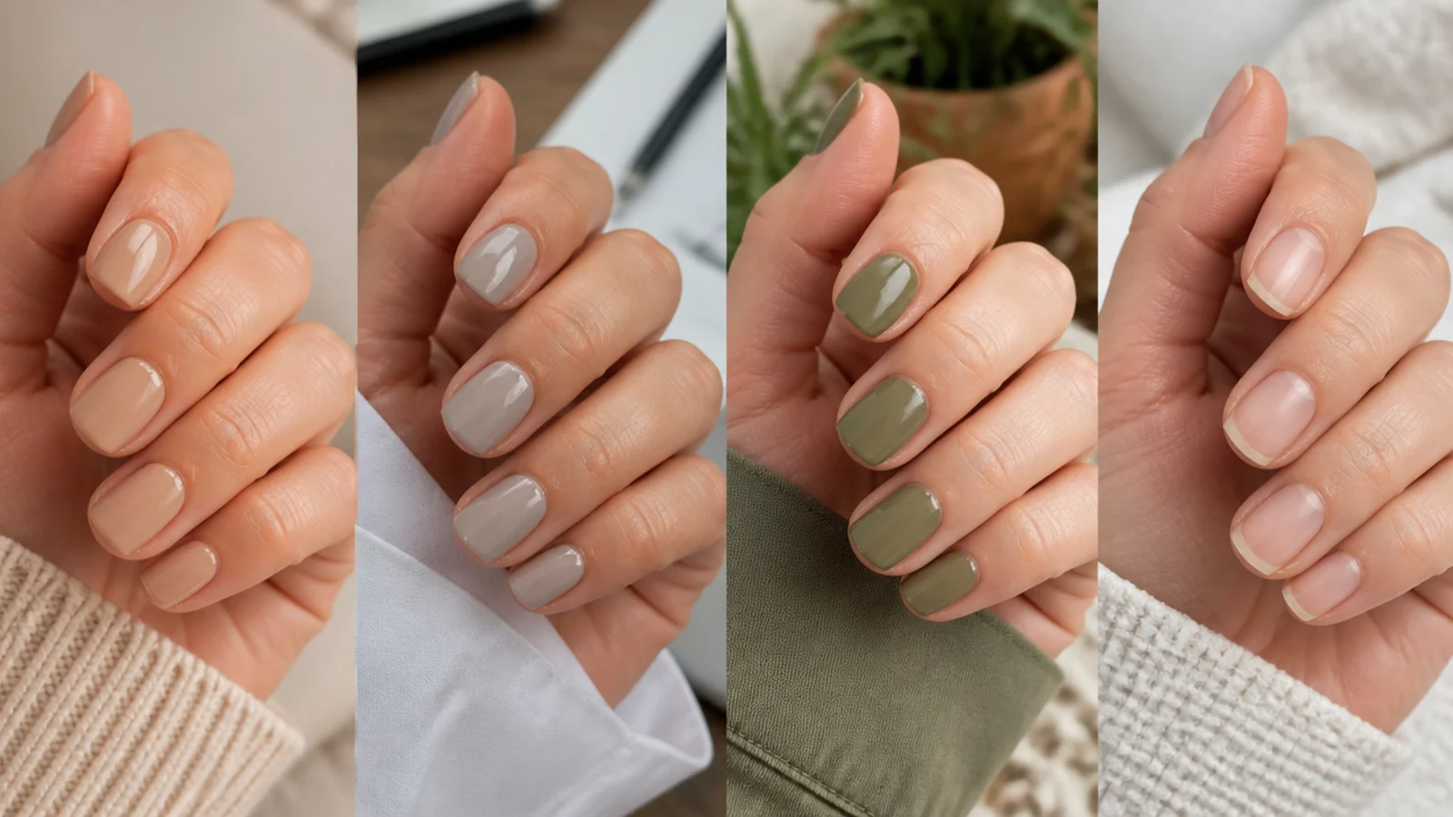 Four hands with short nails in beige, greige, sage and bare buffed finishes for different industries