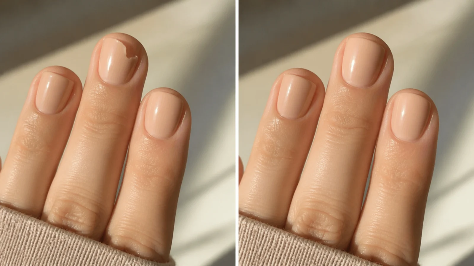Close-up of a short nude nail showing a small tip chip beside a repaired smooth nail