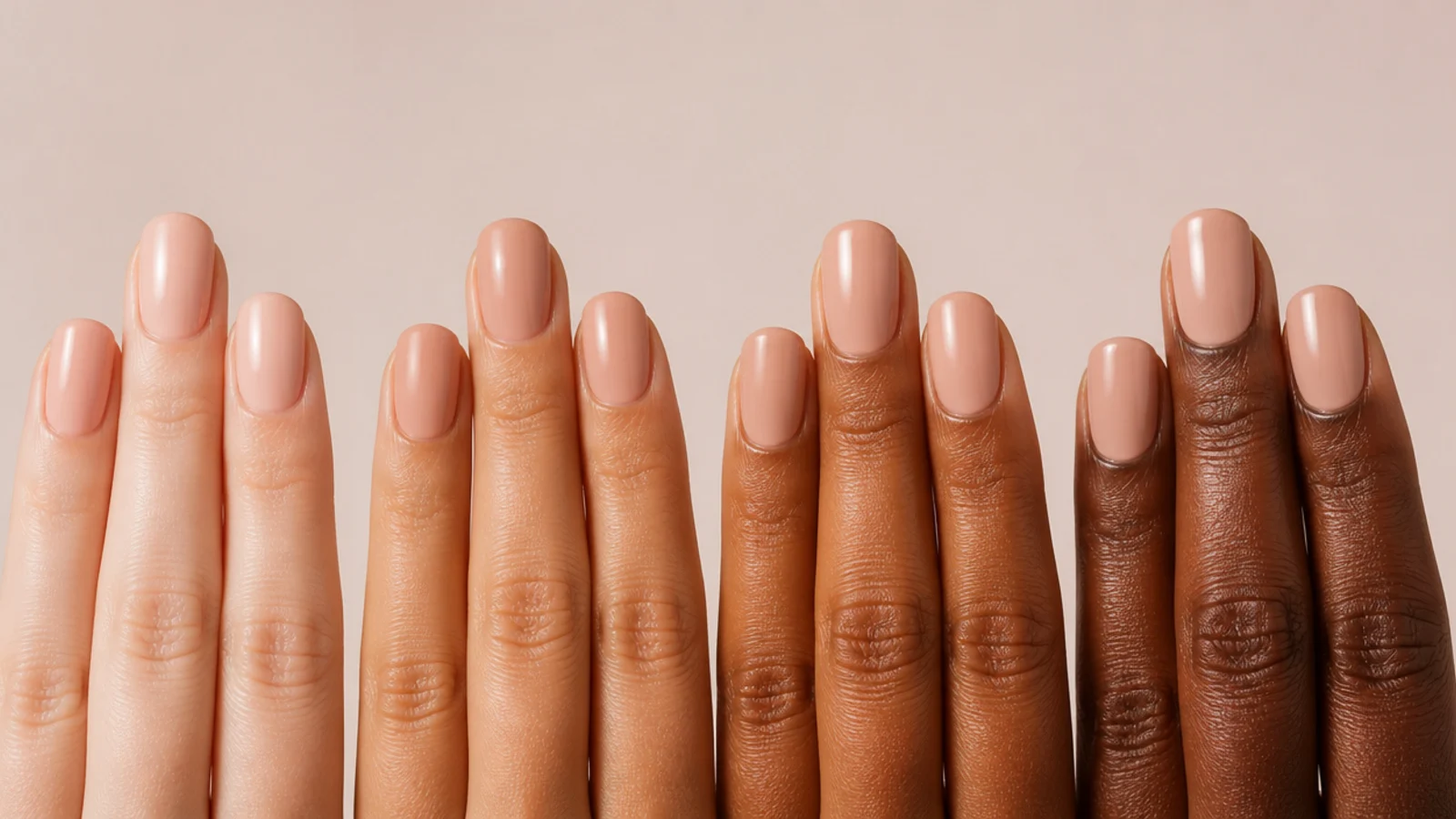 Four fingertips in fair, medium, olive and deep skin tones each wearing a matched nude polish