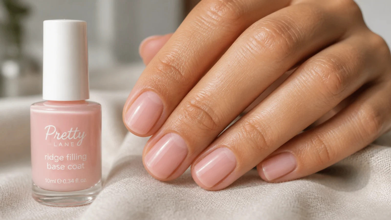 Ridge-filling base coat brushed onto a short natural nail showing a smoothed surface
