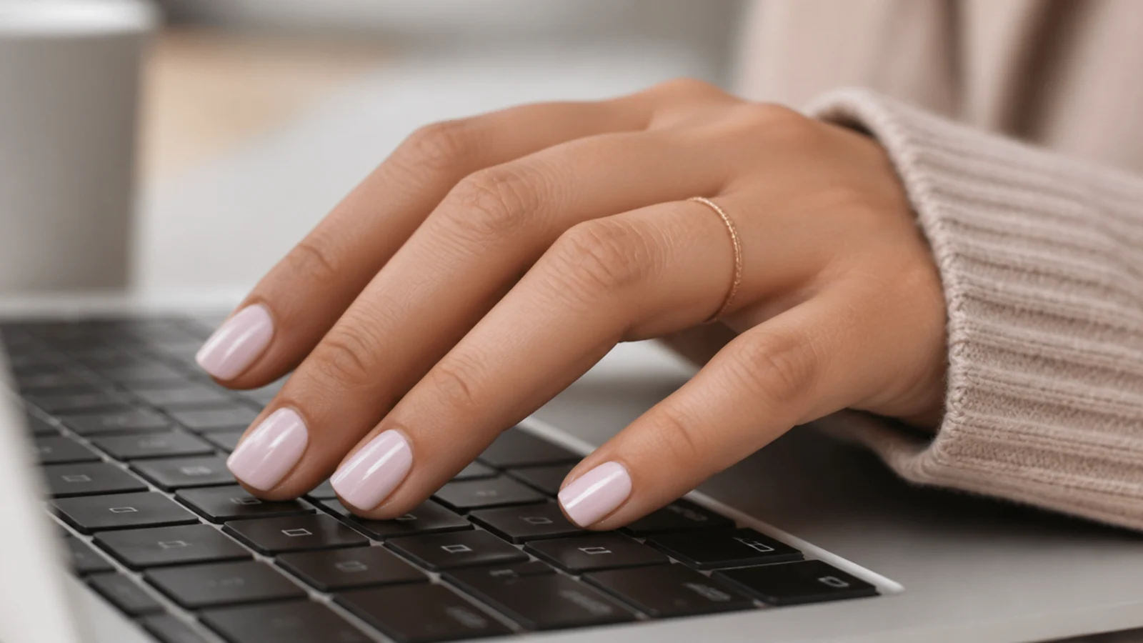 Short squoval nails with softly beveled corners resting on a laptop keyboard mid-typing