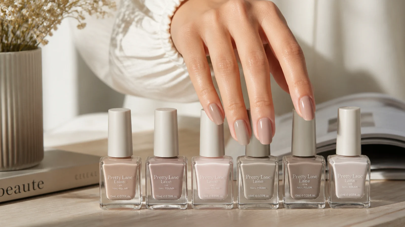 Six bottles of neutral nail polish in beige, taupe, gray and milky pink lined up on a desk