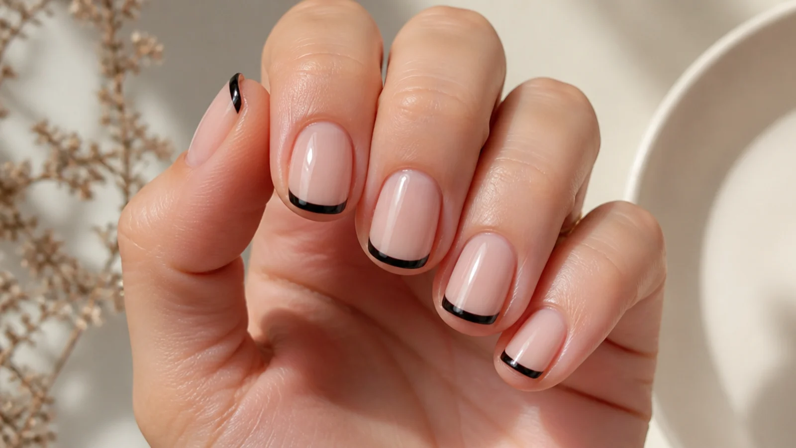 Short squoval nails with thin black French tips over a clear base and high shine finish
