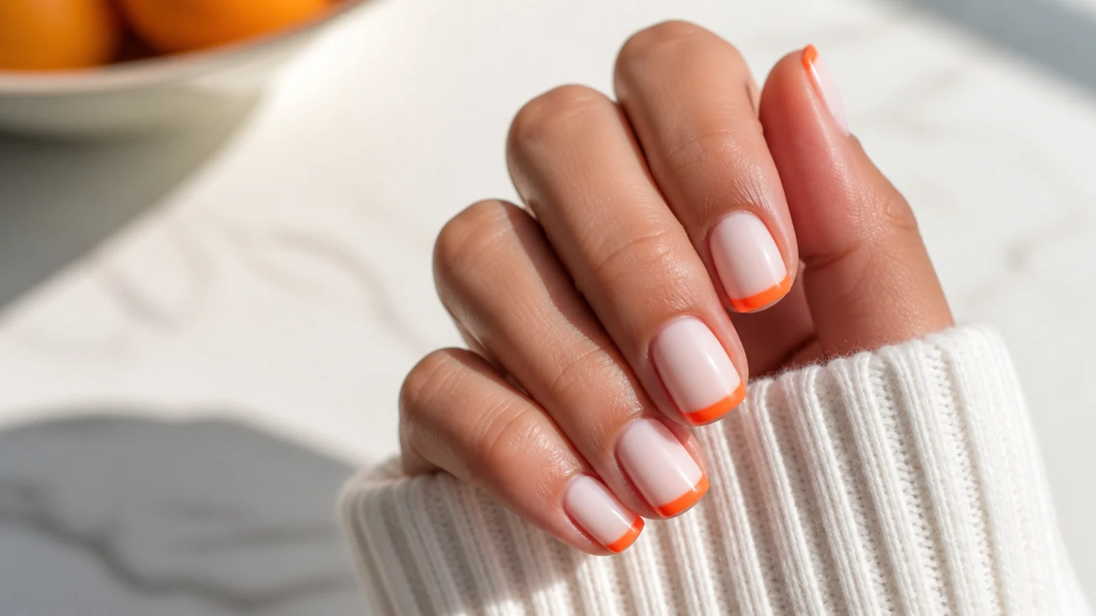 Short square nails with neon orange French tips over a milky white base in bright daylight