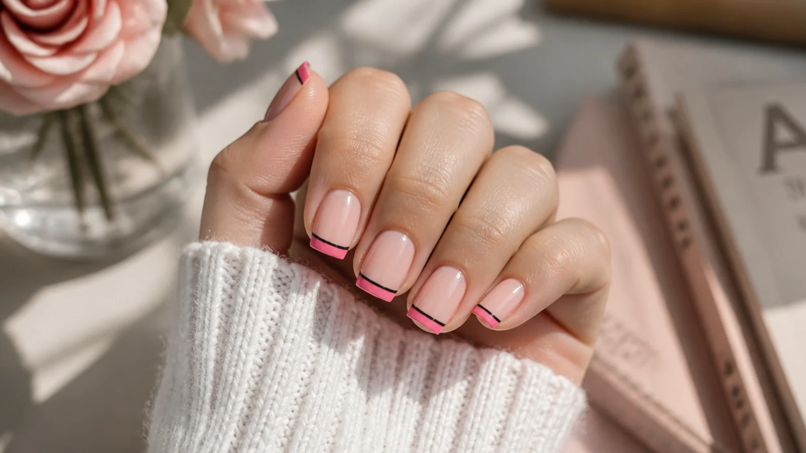 Short square nails with two stacked French tip lines in black and hot pink on a nude base