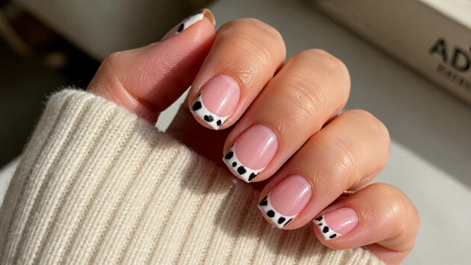 Short square nails with black and white cow print French tips over a sheer pink base