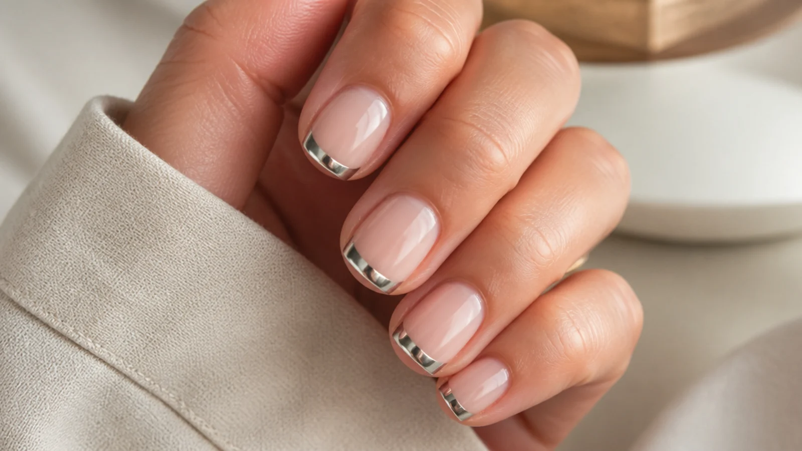 Short square nails with mirror silver chrome French tips over a sheer nude gel base