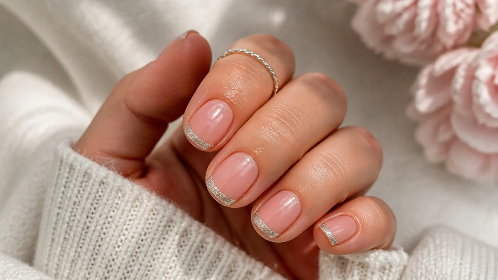 Short square nails with fine silver glitter French tips over a sheer nude base