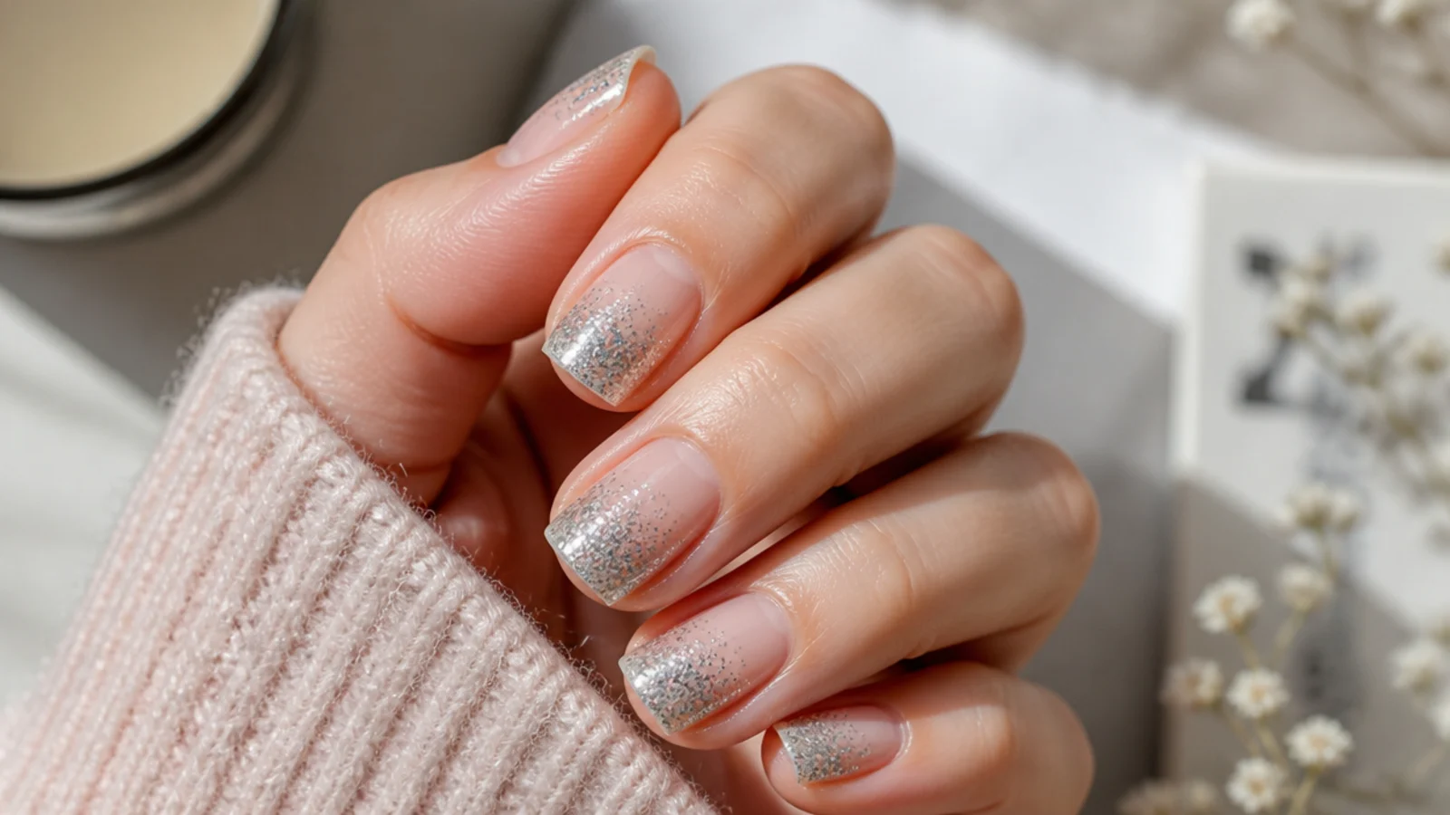 Short square nails with silver glitter fading from a dense tip to a bare cuticle area