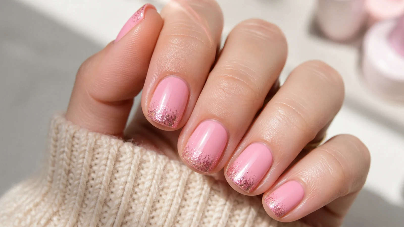 Short square nails in bubblegum pink with rose glitter concentrated at the tips