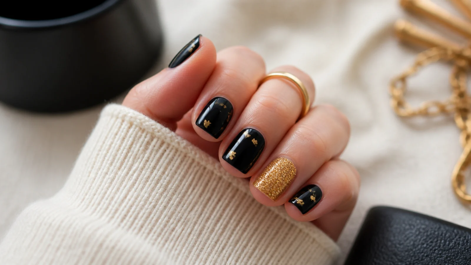 Short square nails in glossy black with a gold glitter accent nail and gold foil flakes