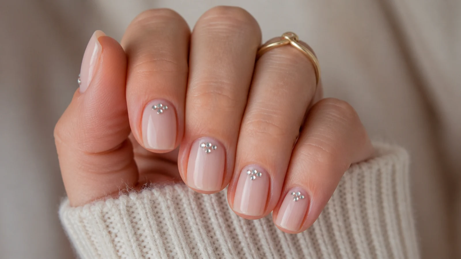 Short square nails with a small rhinestone cluster set near the cuticle on a nude gel base