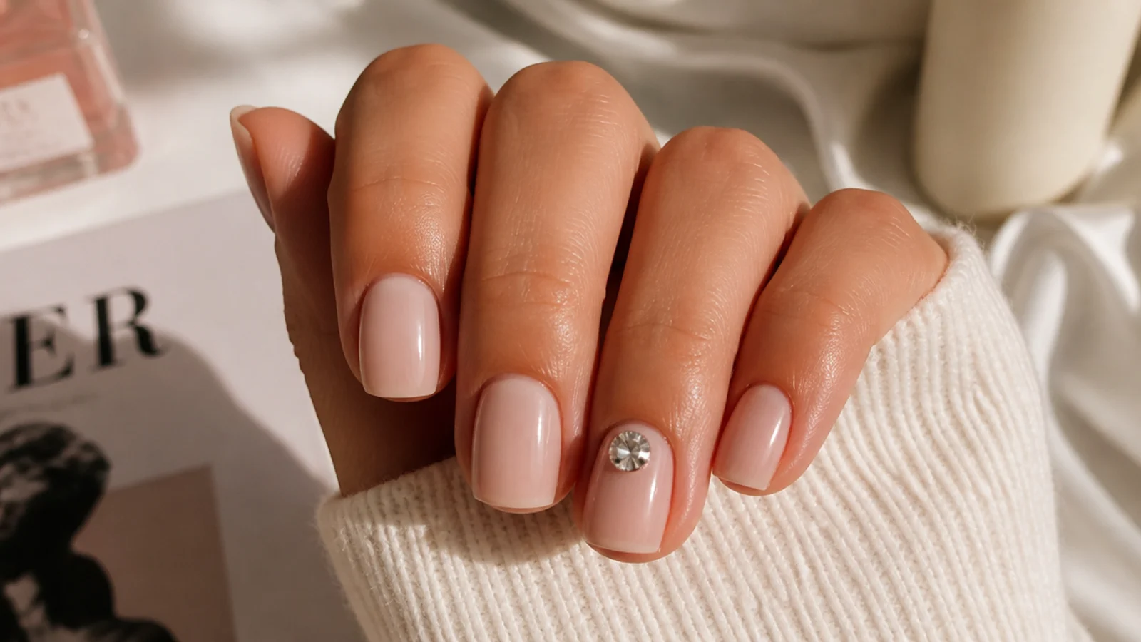 Short square nude nails with one ring finger carrying a single large rhinestone near the cuticle