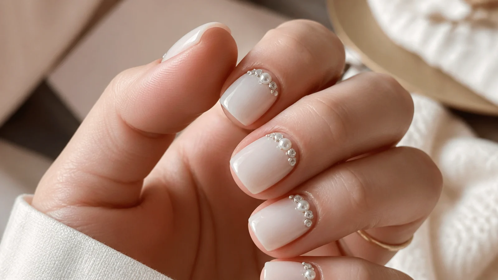 Short square nails in milky white with half pearls and clear rhinestones clustered at the cuticle