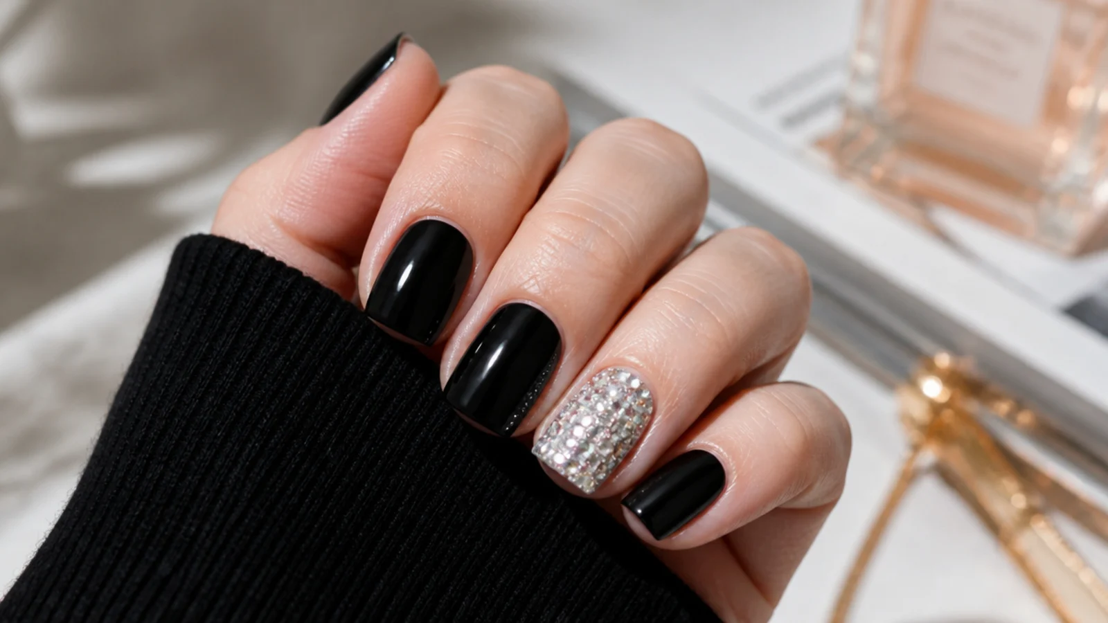 Short square nails with one fully crystal-covered accent nail and nine glossy black nails