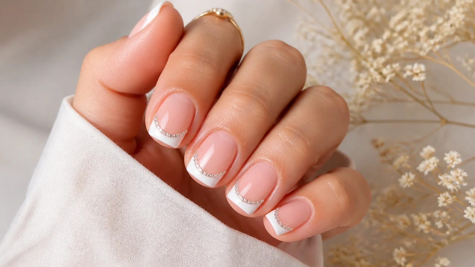 Short square nails with a line of tiny clear rhinestones following the French smile line