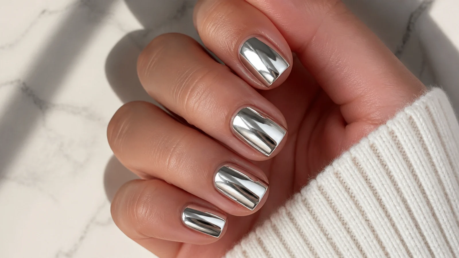 Short square nails in full mirror silver chrome reflecting light like liquid metal