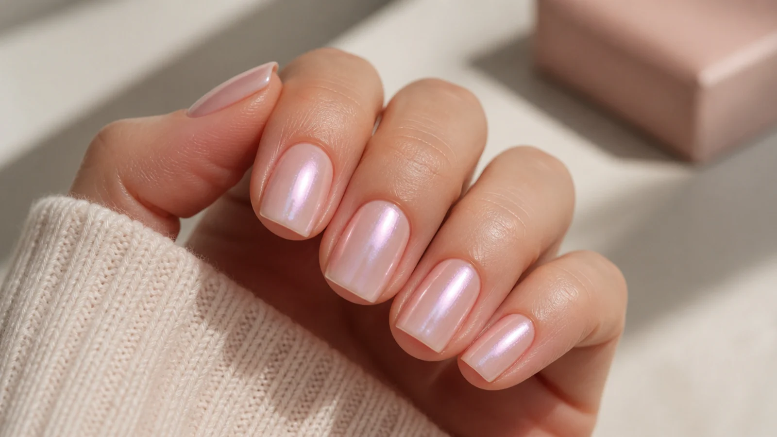 Short square nails with pearl pink chrome over a sheer blush base and rounded corners