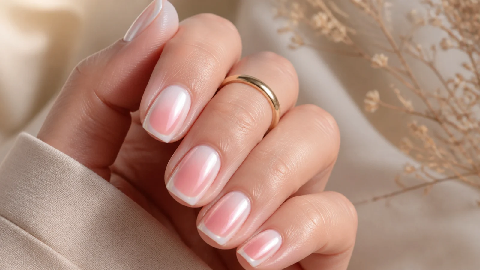 Short square nails with a glowing pink aura center fading into a chrome pearl edge