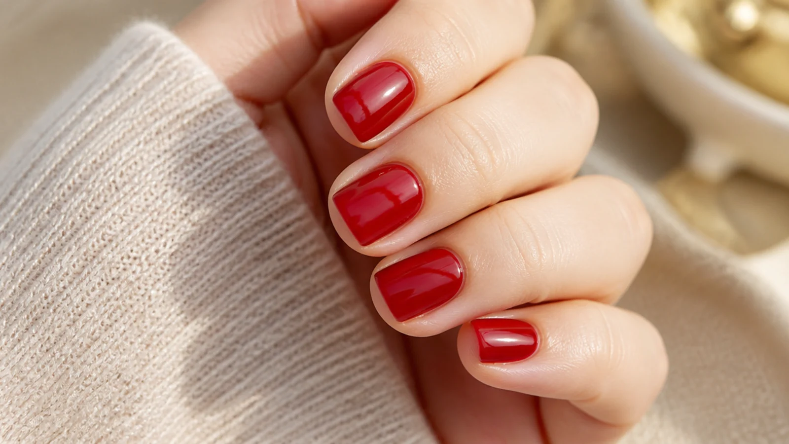 Short square nails in glossy blue-based cherry red with a mirror-like top coat