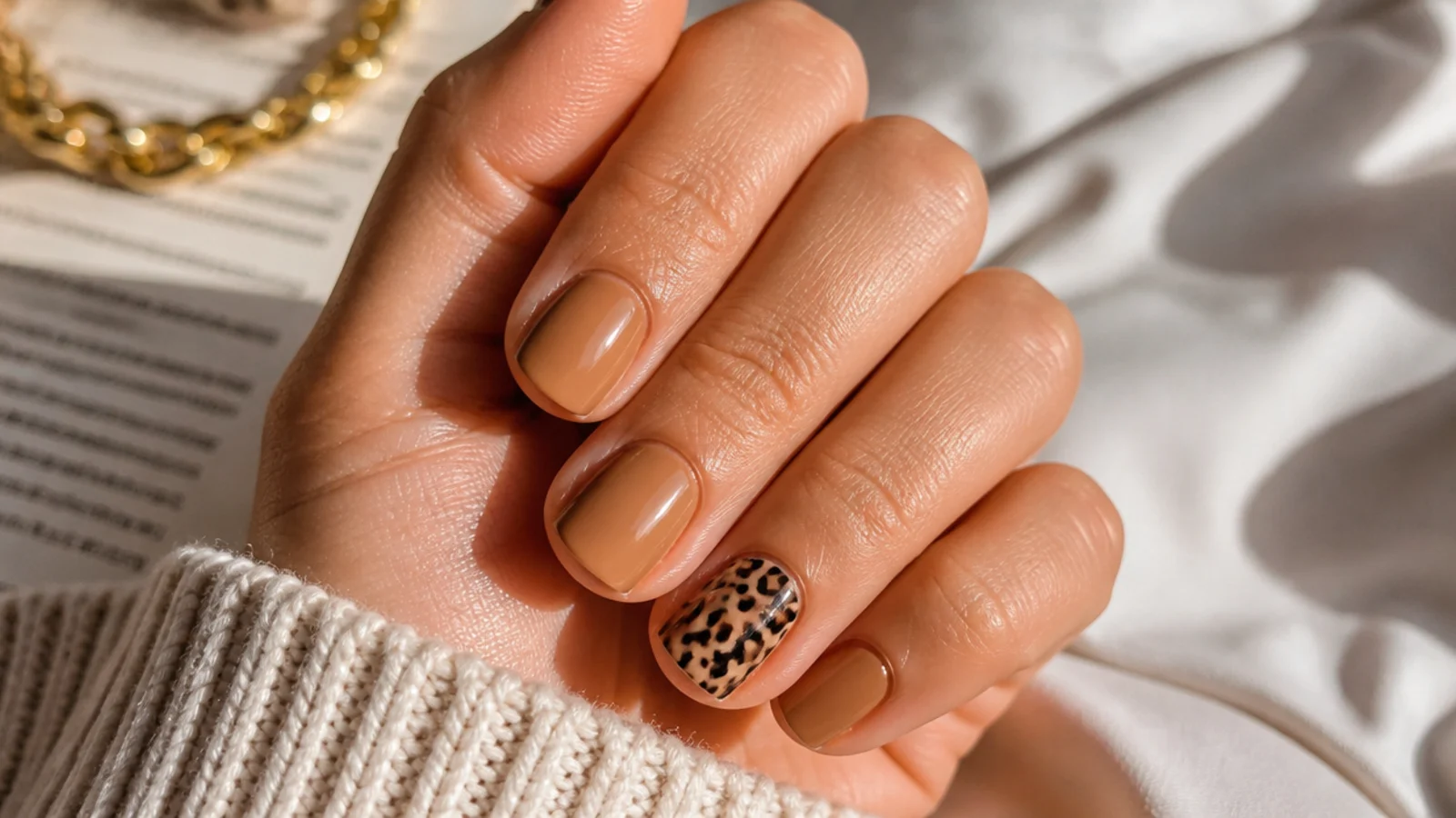 Short square nails in caramel nude with one leopard print accent nail in brown and black