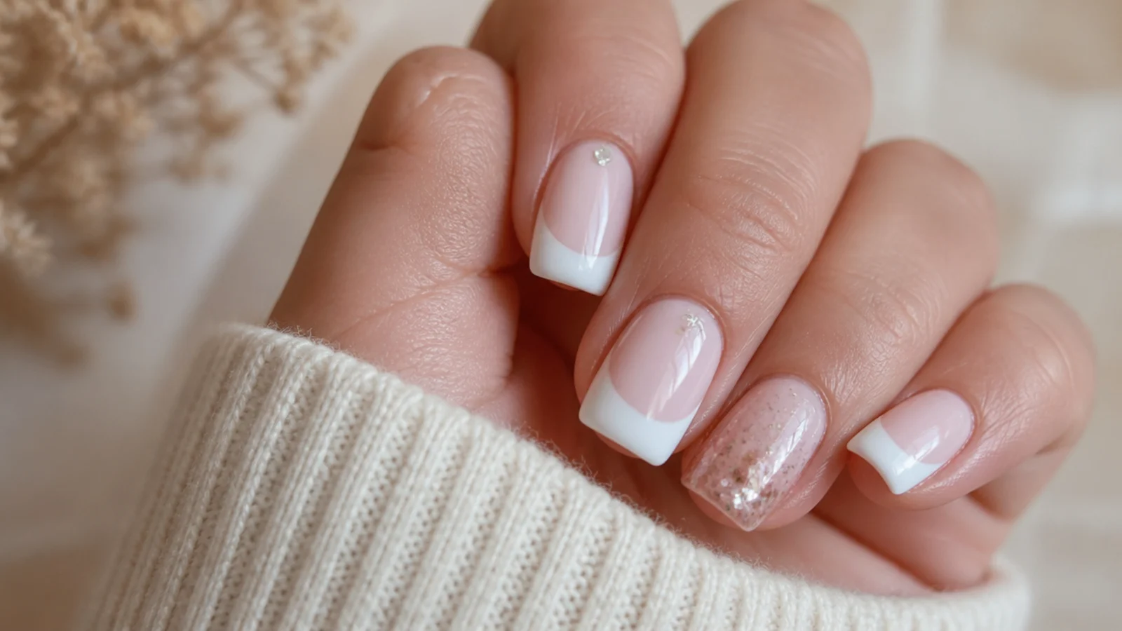 Short square nails showing common problems including a thick French tip and a lost rhinestone